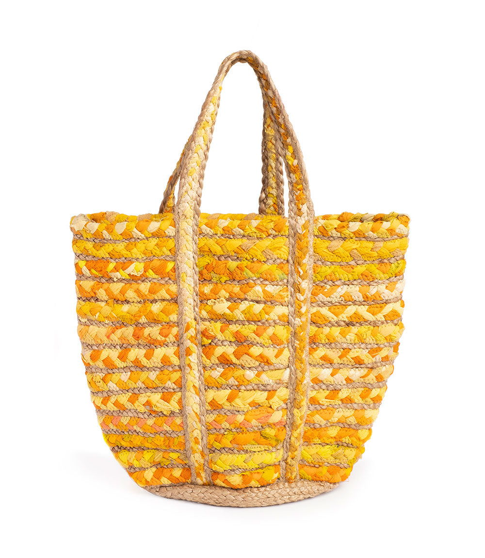 Chindi Yellow Beach Bag Tote - Upcycled Fabric, Hand Woven