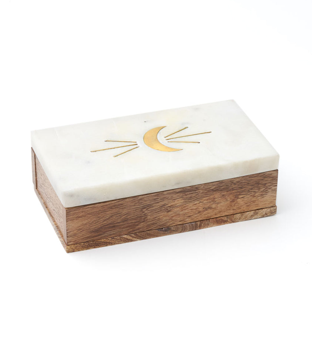 Indukala Crescent Moon Treasure Box - Wood, Marble, Brass