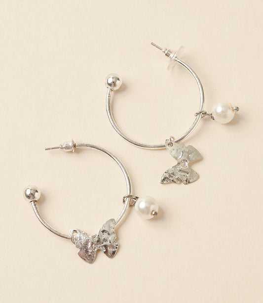 Ishya Butterfly Pearl Silver Hoop Earrings