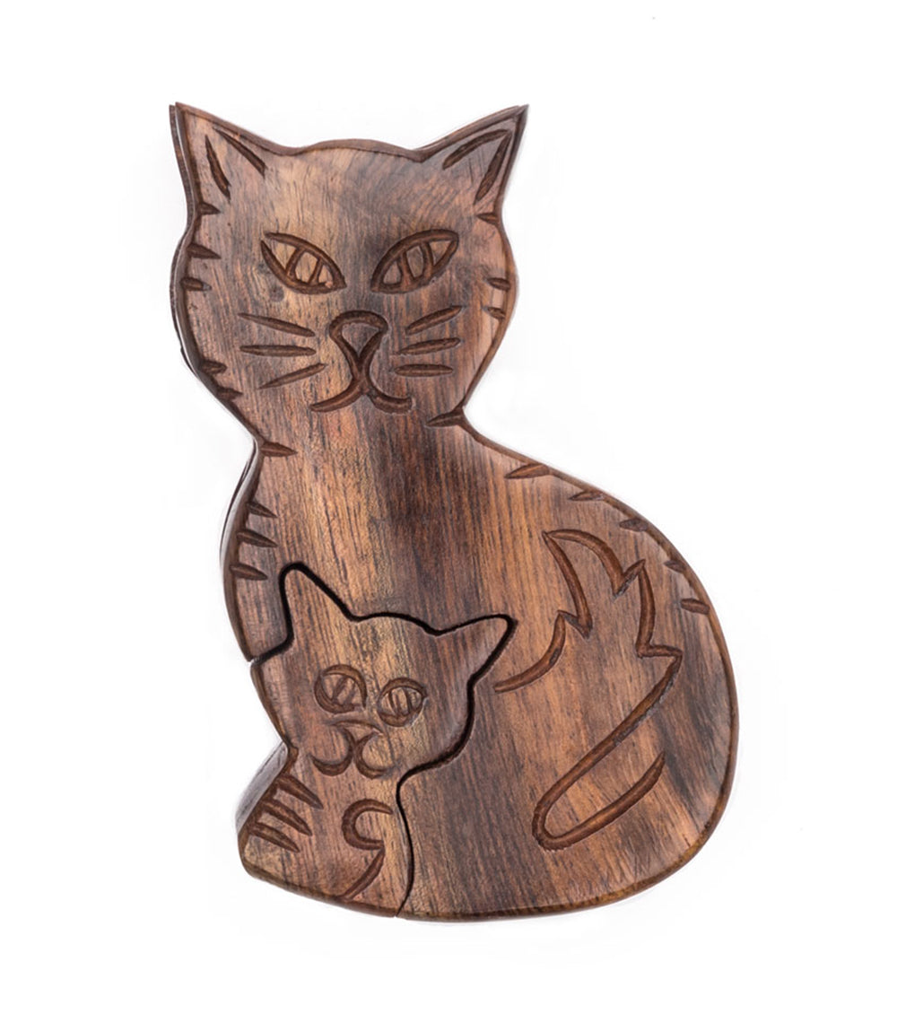 Cat and Kitten Puzzle Box - Hand Carved Indian Rosewood