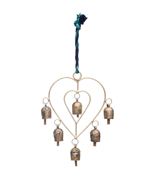 Heart Bells Wind Chime - Assorted Upcycled Sari Fabric