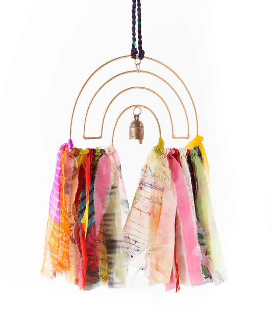 Swapna Rainbow Bell Wind Chime Upcycled Sari - Handmade Home