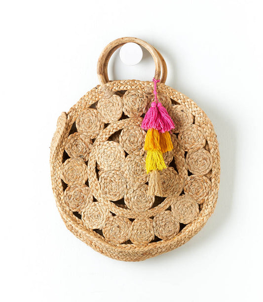 Round Wooden Handle Jute Tote Bag - Natural, Hand Woven