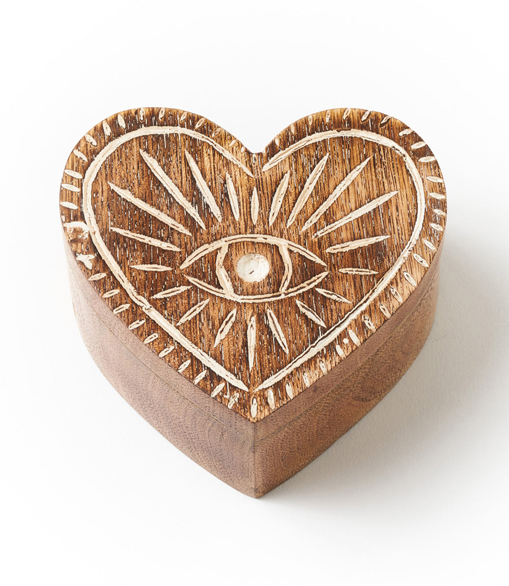 Drishti Evil Eye Heart Box with Swivel Lid - Hand Carved Wood