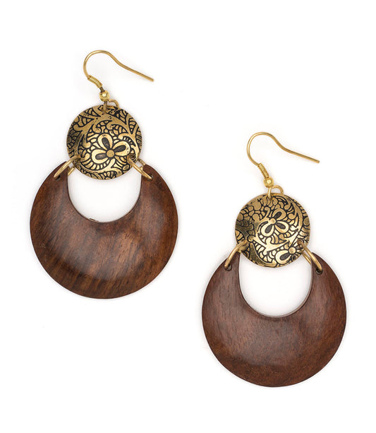 Earth and Fire Moon Drop Earrings - Wood, Etched Brass