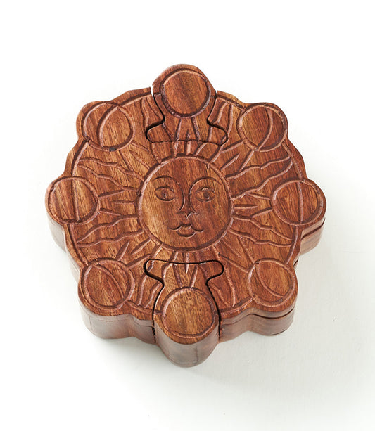 Sun and Moon Phase Puzzle Box - Handcrafted Sheesham Wood