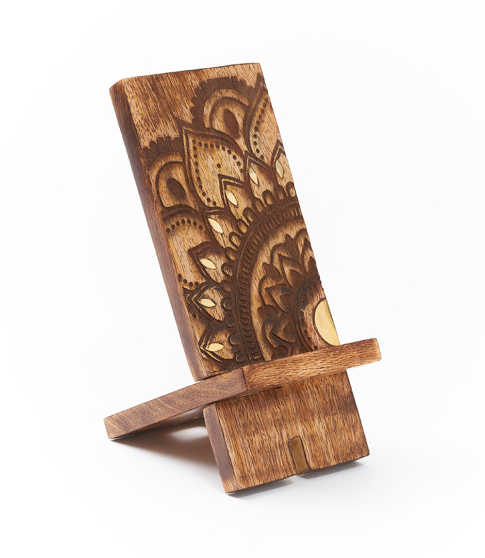 Mandala Phone Holder - Mango Wood, Brass Inlay