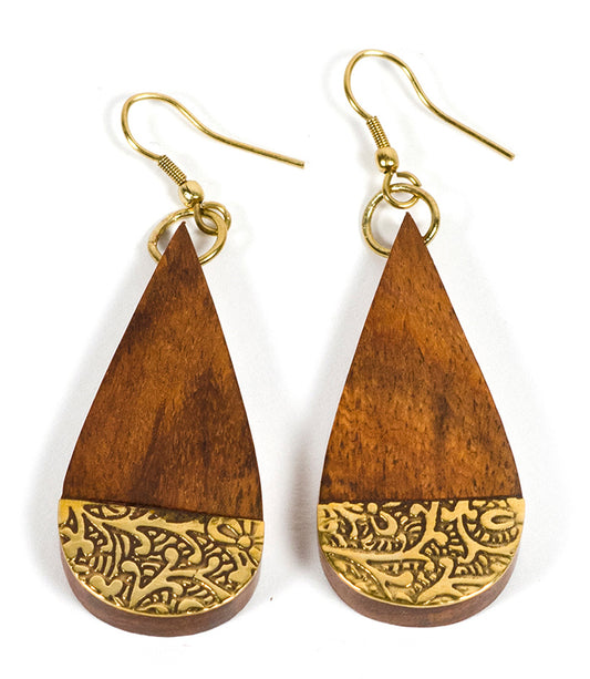 Earth and Fire Teardrop Earrings - Wood, Etched Brass