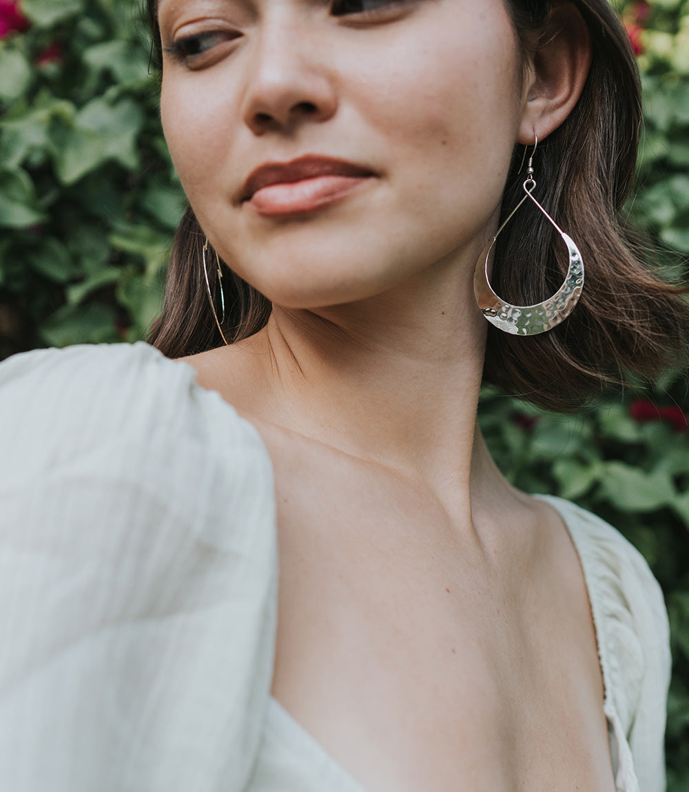 Lunar Crescent Hammered Shiny Silver Hoop Earrings