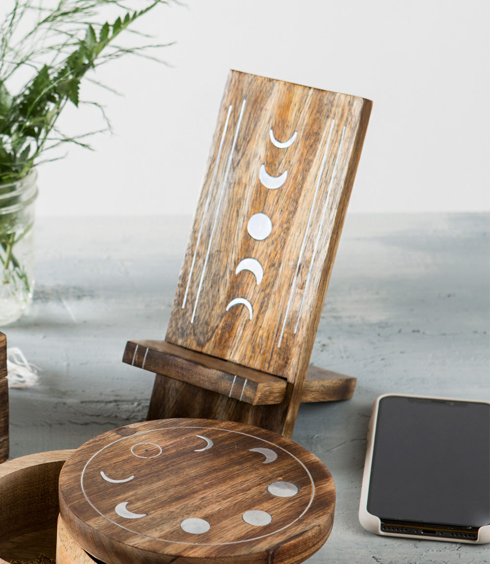 Indukala Moon Phase Phone Holder - Wood, Brass, Fair Trade