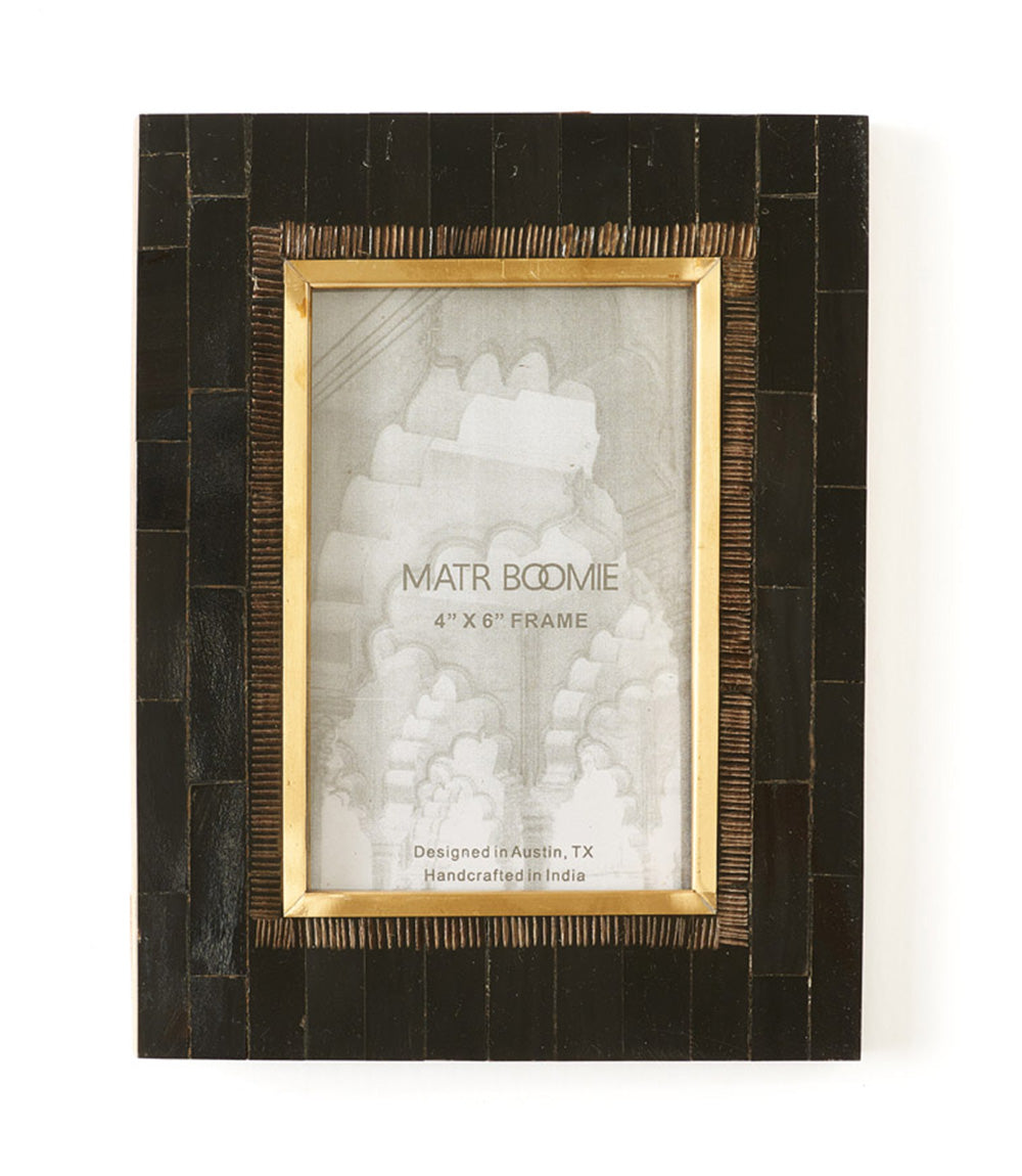 Andhera 4x6 Black Picture Frame - Hand Carved Horn, Brass Inlay