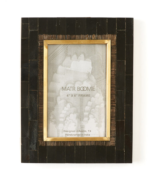 Andhera 4x6 Black Picture Frame - Hand Carved Horn, Brass Inlay