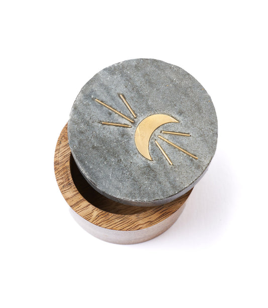 Indukala Moon Phase Round Keepsake Box - Black Marble, Wood, Brass