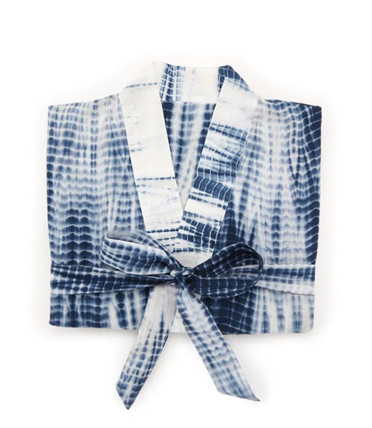 Shibori Tie Dye Kimono Robe - Indigo, White (One Size)