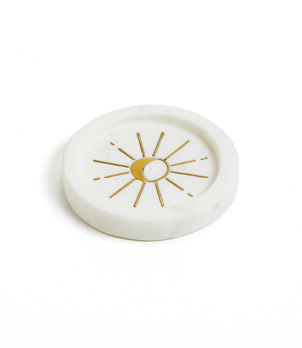 Indukala Round Moon Incense Holder - White Carved Marble