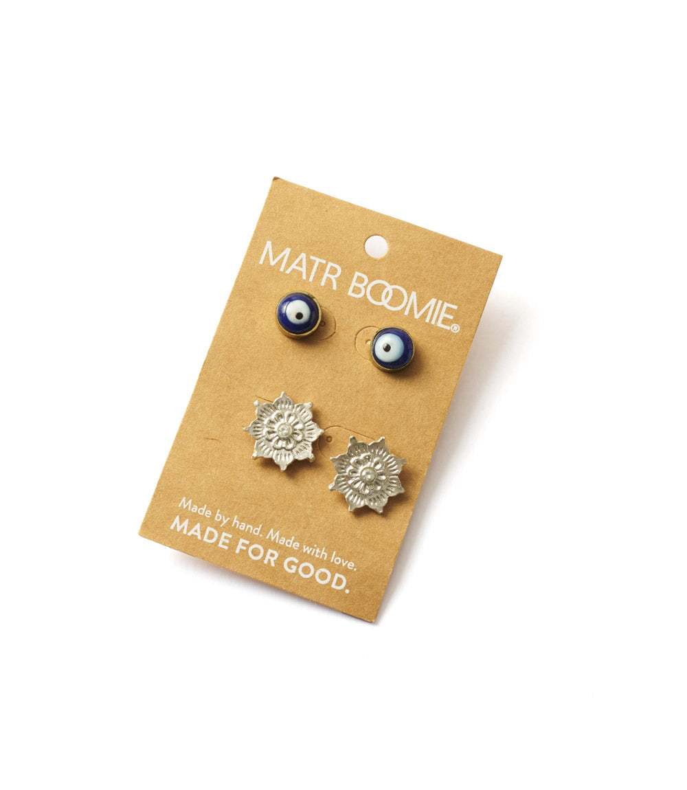 Drishti Evil Eye Charm Stud Earrings - Set of 2