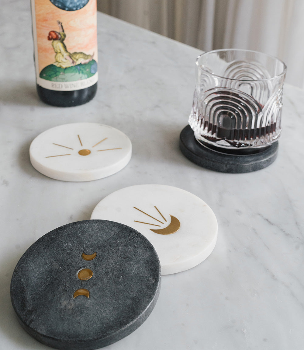 Indukala Moon Phase Marble Coasters - Black, White, Set of 4