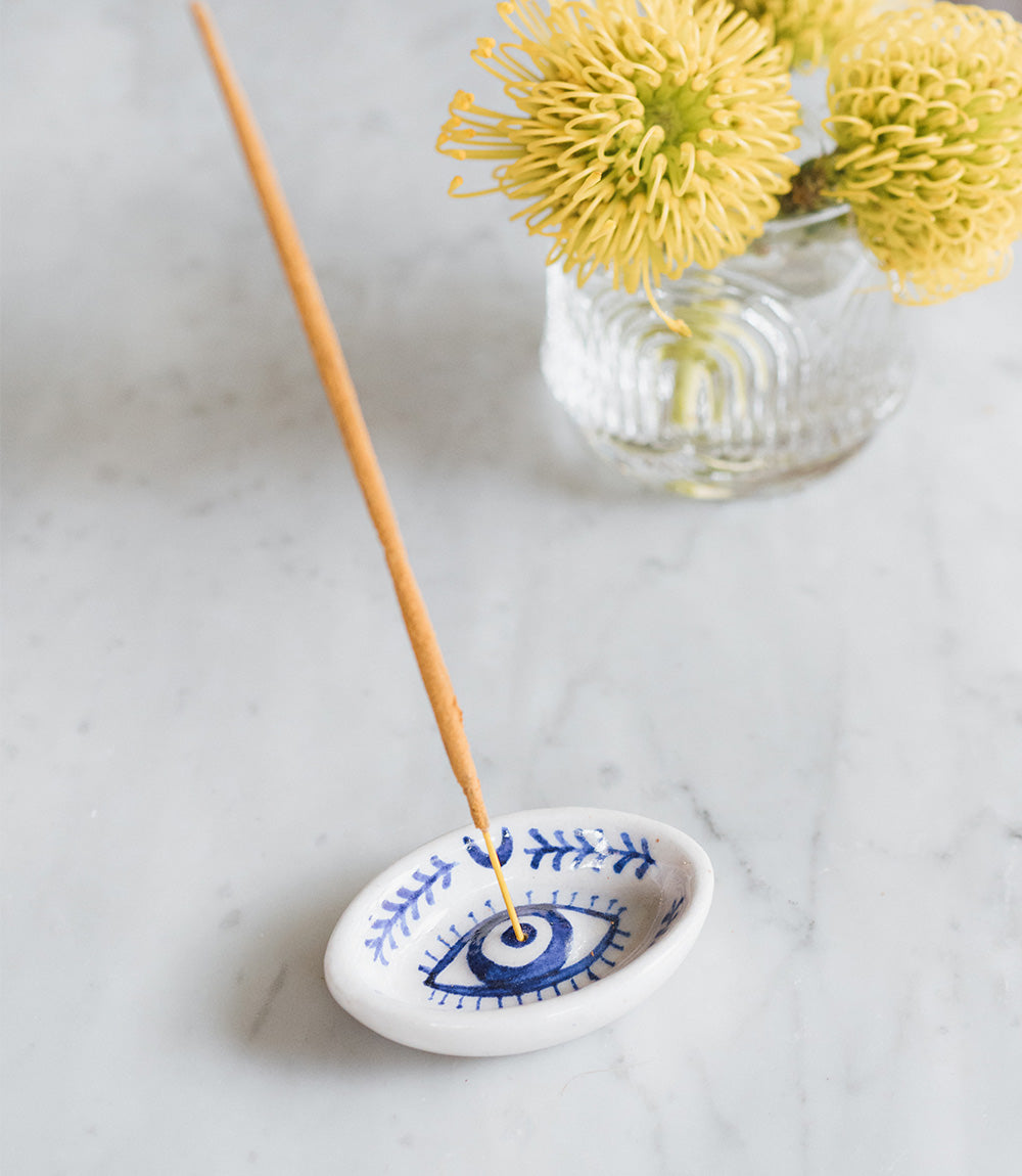 Lalita Evil Eye Incense Holder - Hand Painted Blue & White