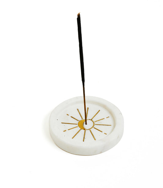 Indukala Round Moon Incense Holder - White Carved Marble