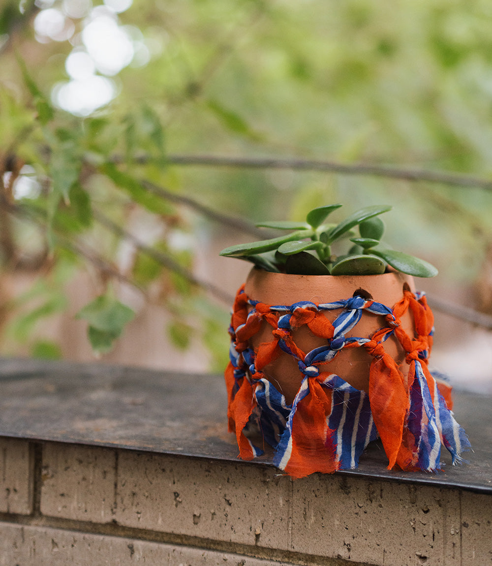 Macrame Plant Pot - Terracotta, Upcycled Sari Fabric