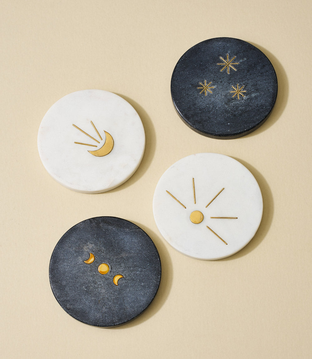 Indukala Moon Phase Marble Coasters - Black, White, Set of 4