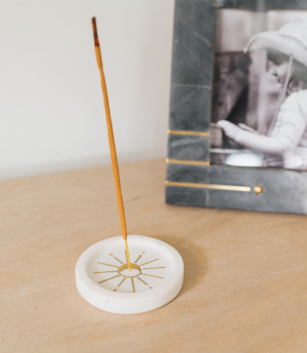 Indukala Round Moon Incense Holder - White Carved Marble