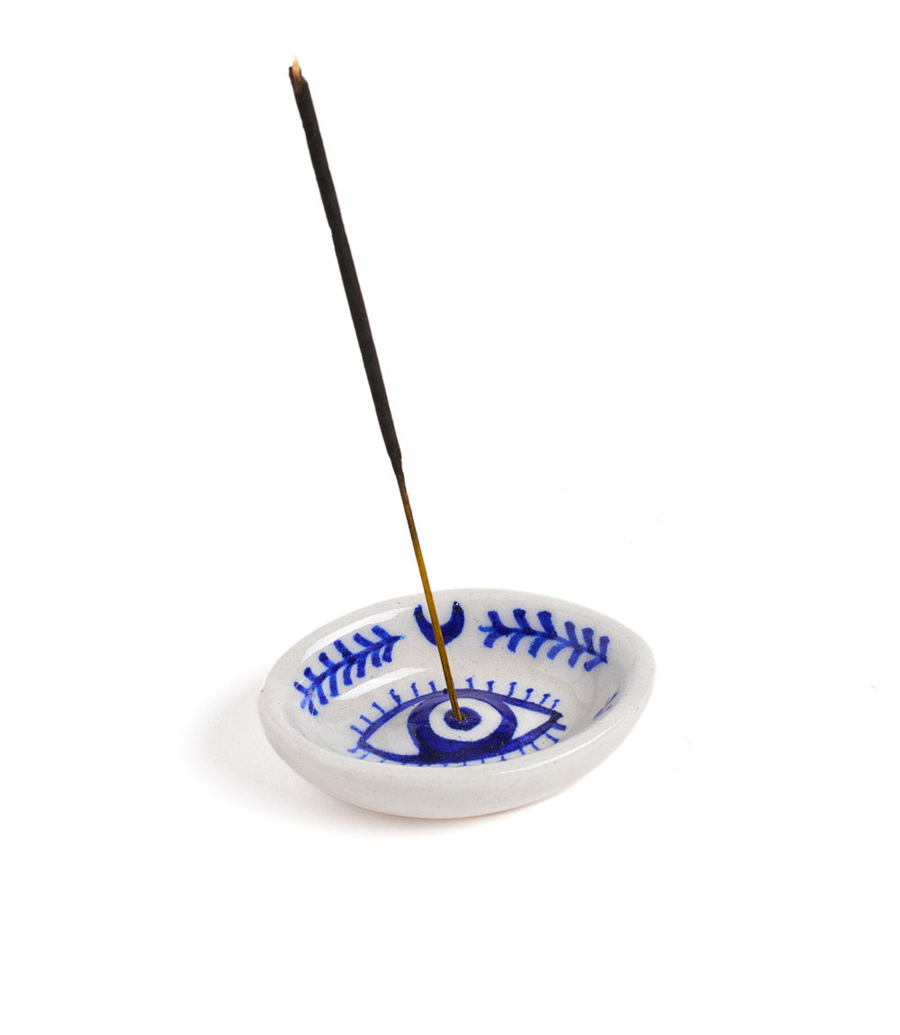 Lalita Evil Eye Incense Holder - Hand Painted Blue & White