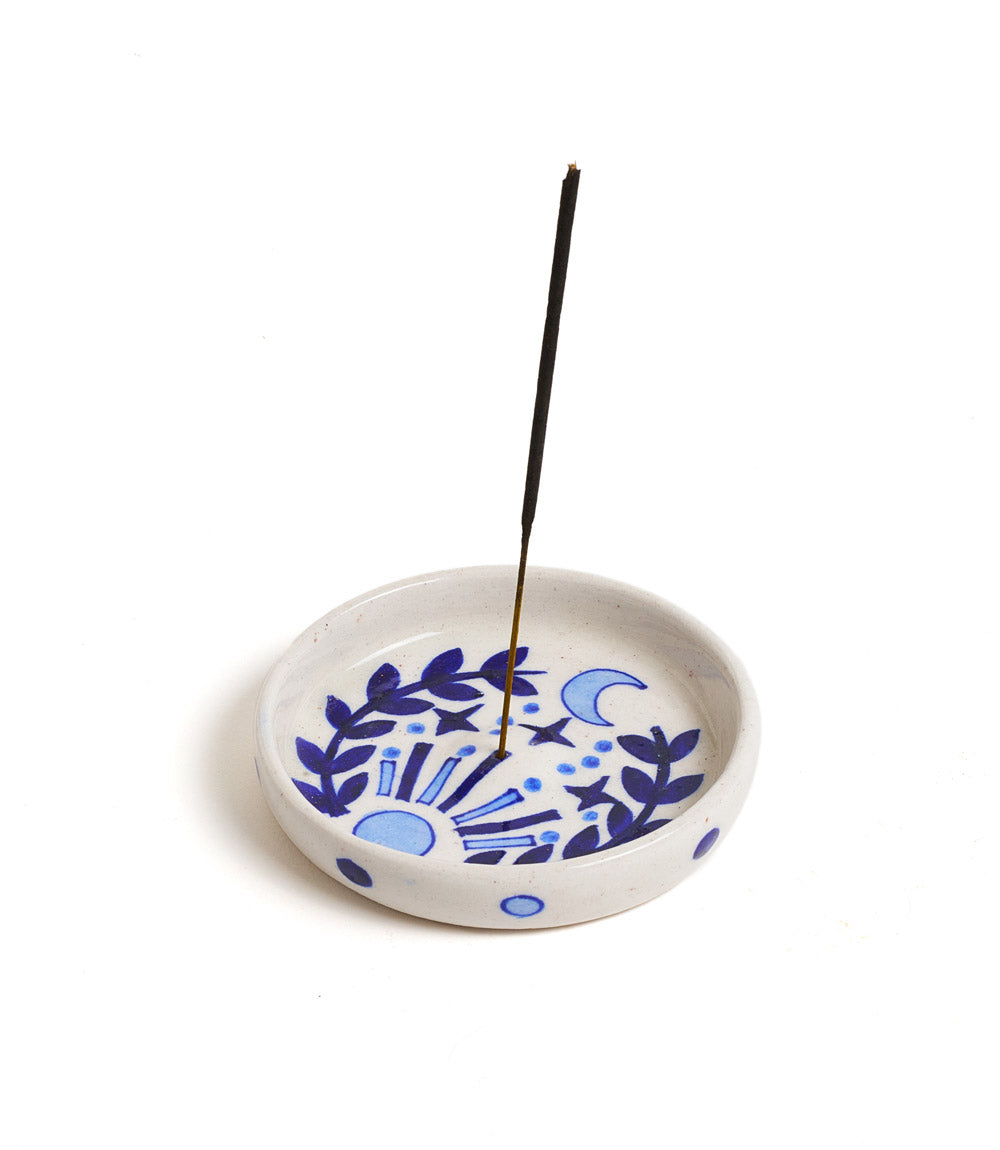 Lalita Round Incense Holder - Hand Painted Blue & White