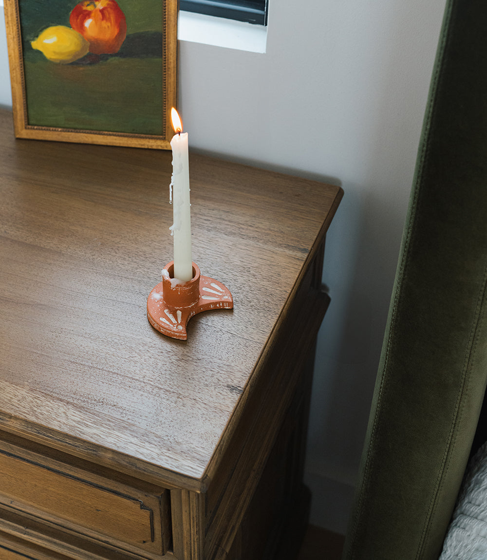 Daksha Crescent Moon Taper Candle Holder - terracotta