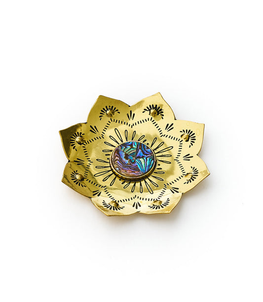 Kairavini Lotus Trinket Dish - Etched Brass, Abalone