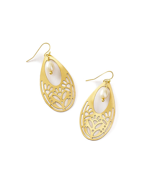 Adhya Teardrop Pearl Earrings - Gold Cutout