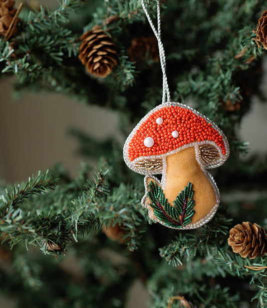 Larissa Plush Mushroom Beaded Felt Ornament - Embroidered