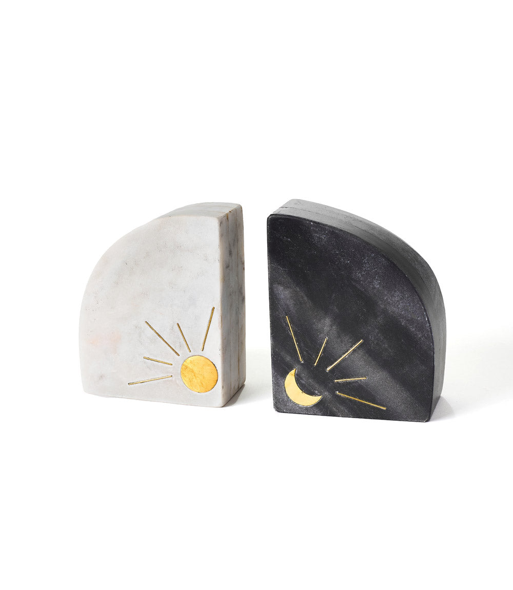 Indukala Sun and Moon Marble Bookends - Black, White, Brass