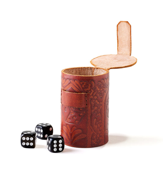 Leather Dice Cup Set - 6 Dice, Hand Tooled