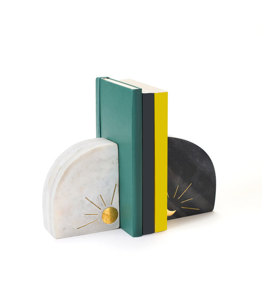 Indukala Sun and Moon Marble Bookends - Black, White, Brass