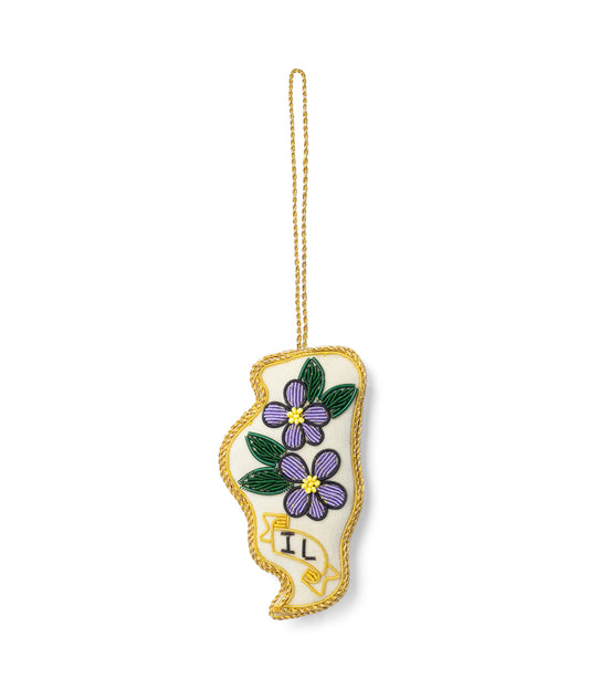 Illinois State Blue Violet Beaded Fabric Ornament - Embroidered