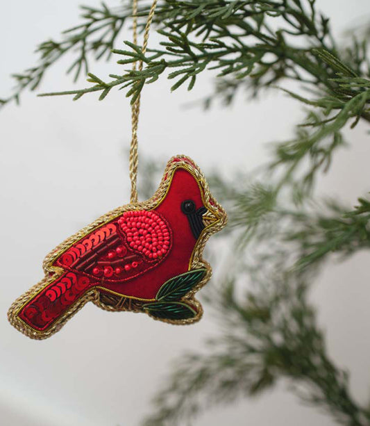 Larissa Plush Cardinal Beaded Fabric Ornament - Embroidered