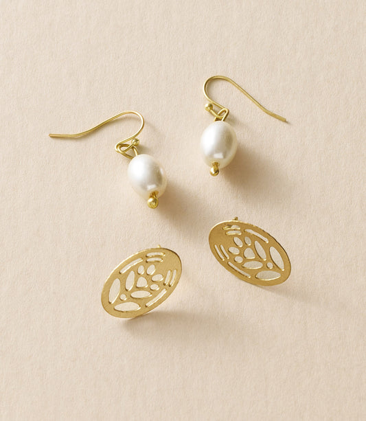 Adhya Pearl and Oval Stud Earrings - Set of 2