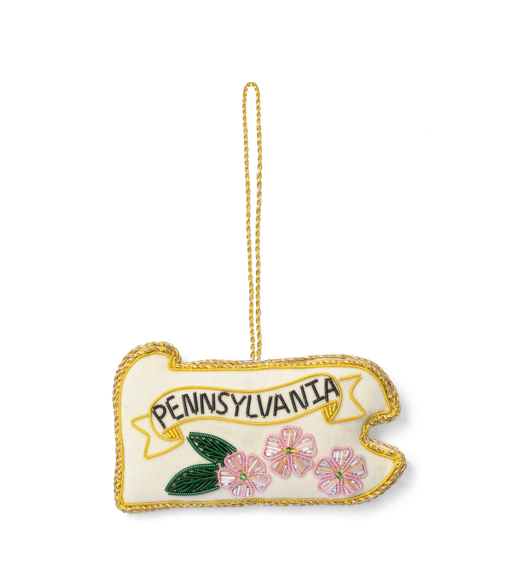 Pennsylvania State Mountain Laurel Beaded Ornament - Hand Embroidered