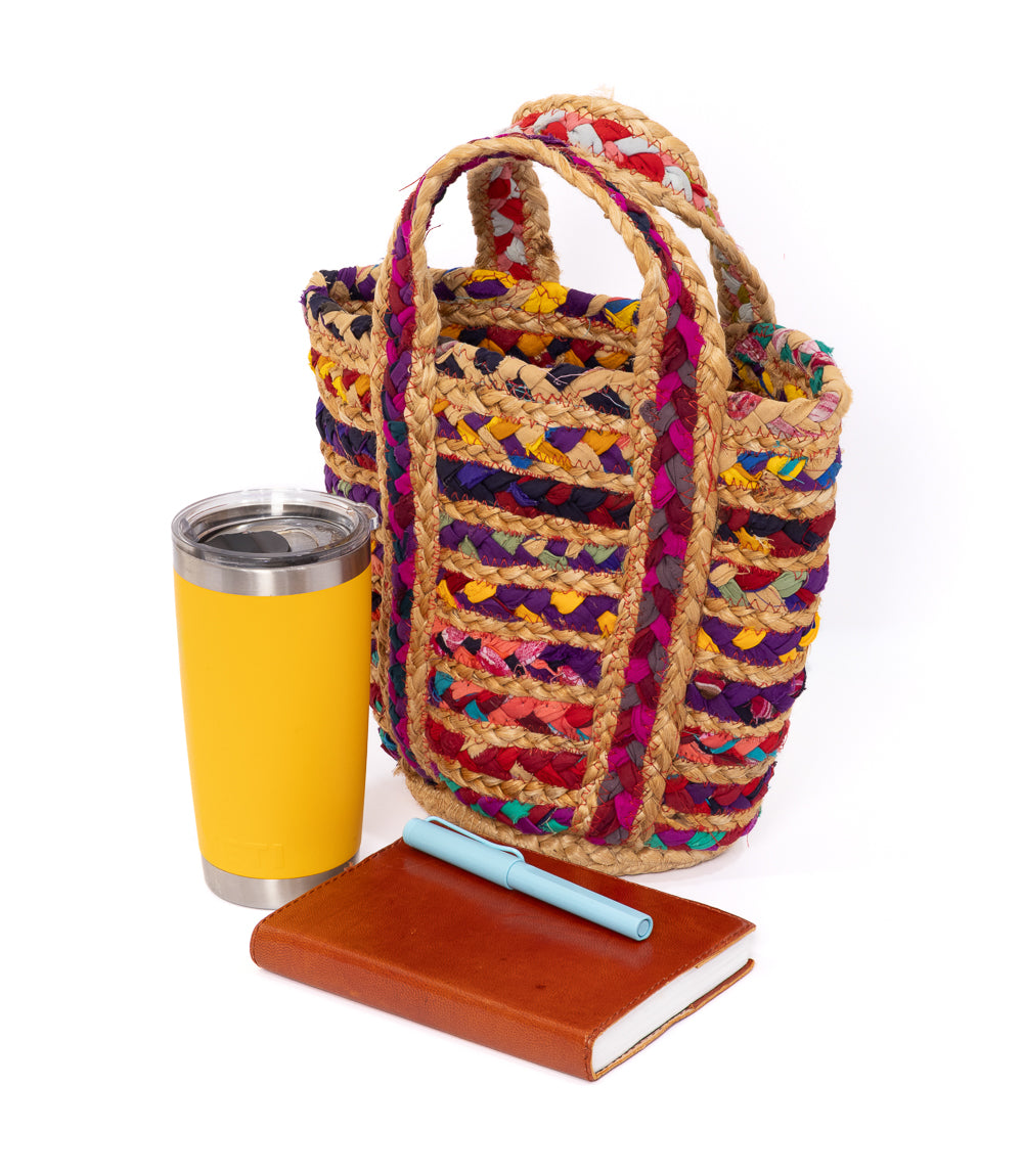 Mini Multicolor Chindi Tote with Adjustable Strap - Upcycled Fabric