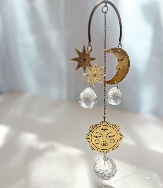 Surya Celestial Moon and Sun Engraved Brass Suncatcher Mobile
