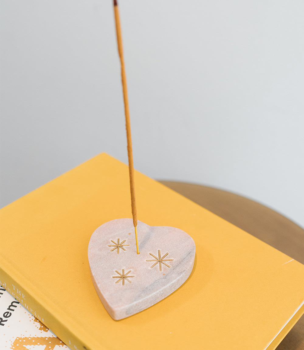 Jaipuri Heart Trinket Dish Incense Holder - Pink Carved Marble