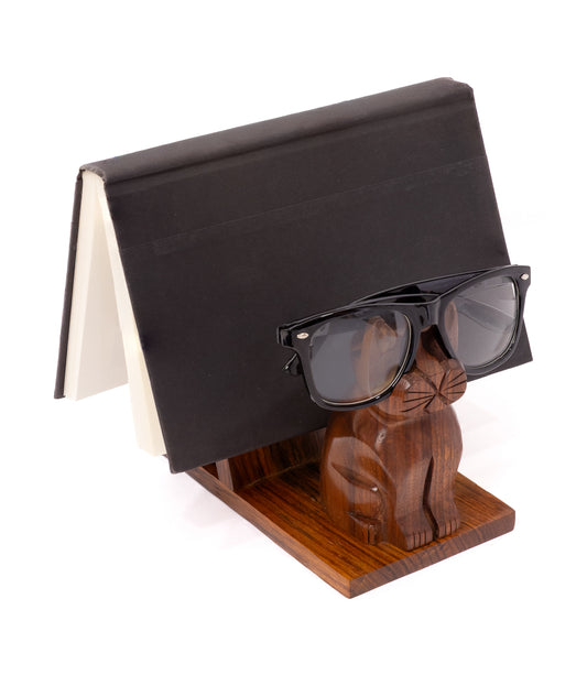 Cat Book & Glasses Caddy - Hand Carved Wood