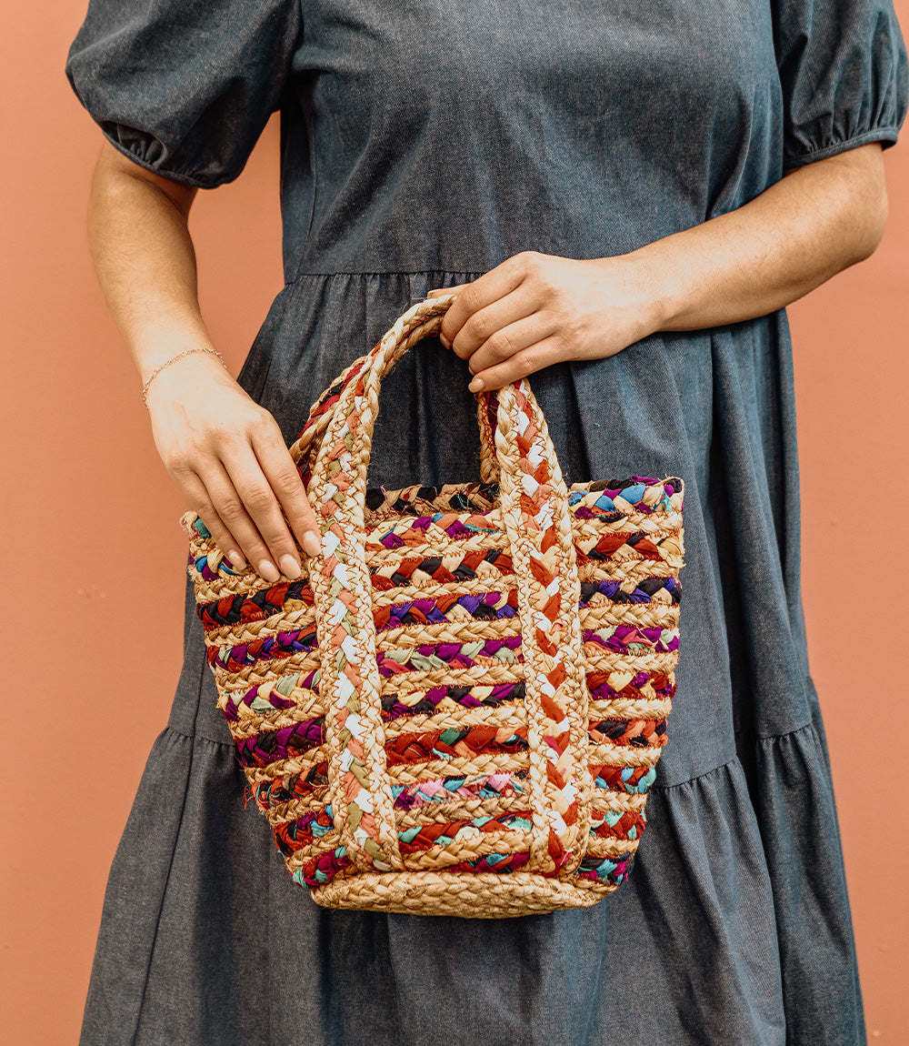 Mini Multicolor Chindi Tote with Adjustable Strap - Upcycled Fabric