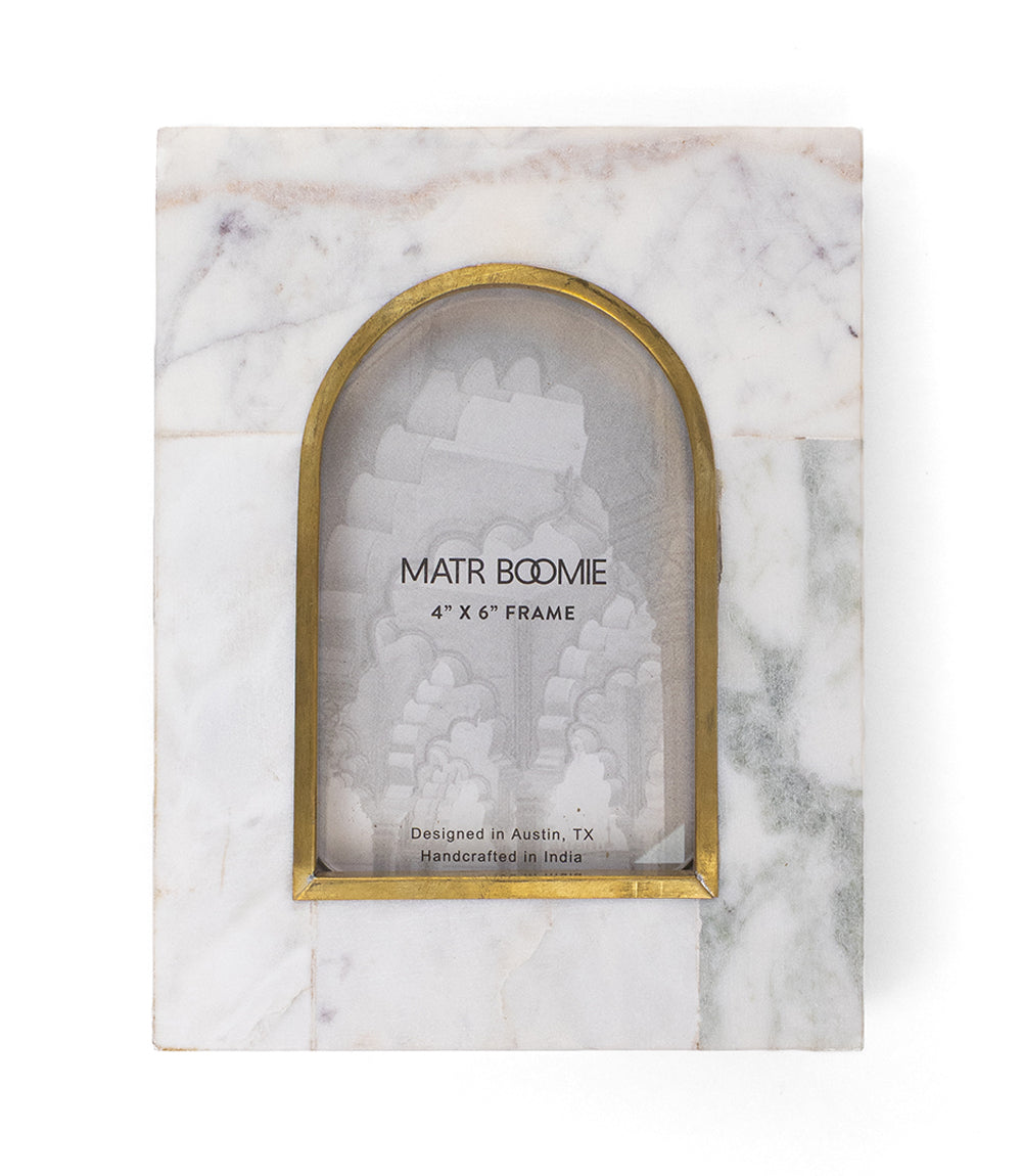 Sammita Arch 4x6 White Picture Frame - Carved Marble Brass Inlay