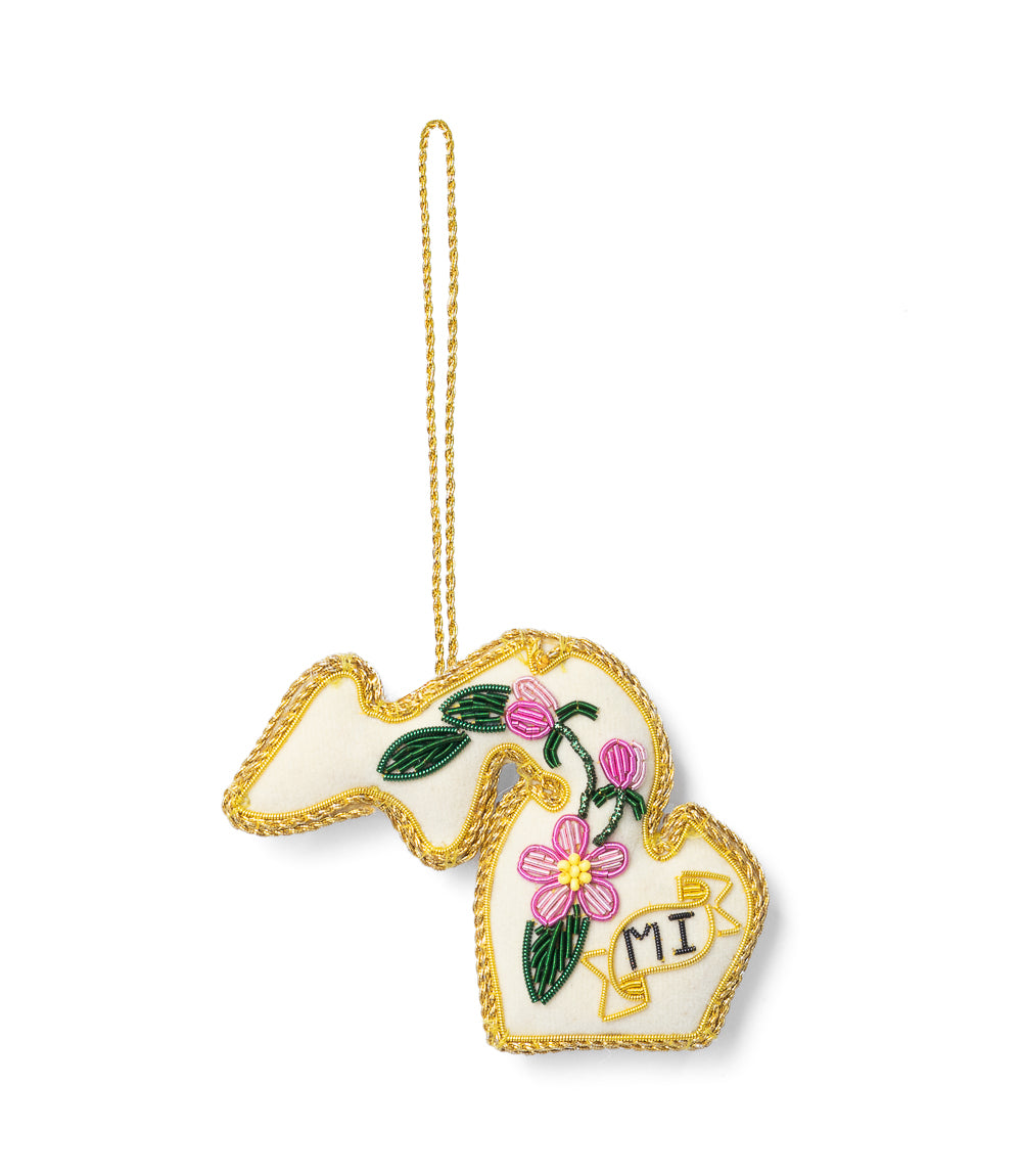 Michigan State Apple Blossom Beaded Ornament - Hand Embroidered