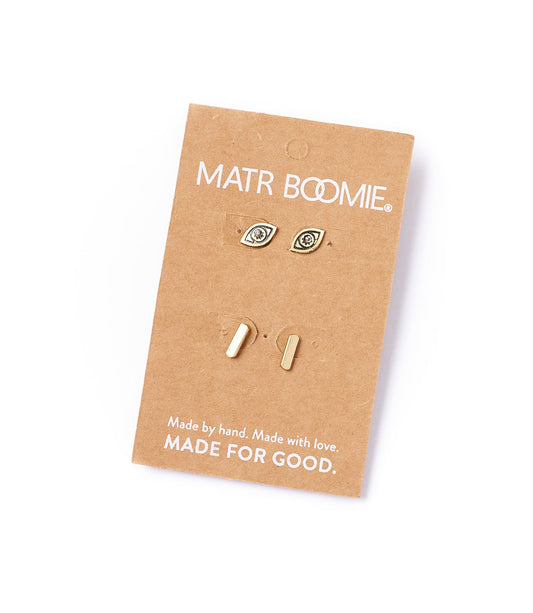 Ruchi Evil Eye Tiny Bar Stud Earrings - Set of 2