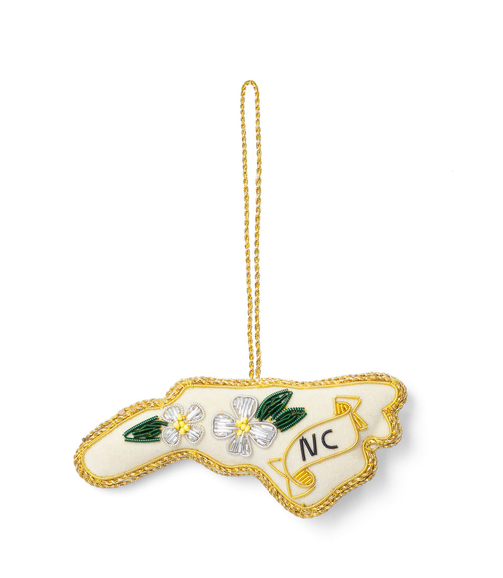 North Carolina State Dogwood Beaded Ornament - Hand Embroidered