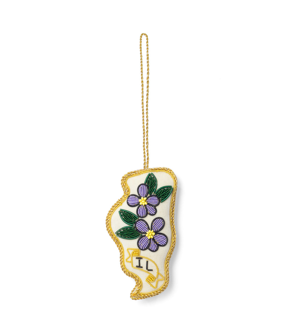 Illinois State Blue Violet Beaded Ornament - Hand Embroidered