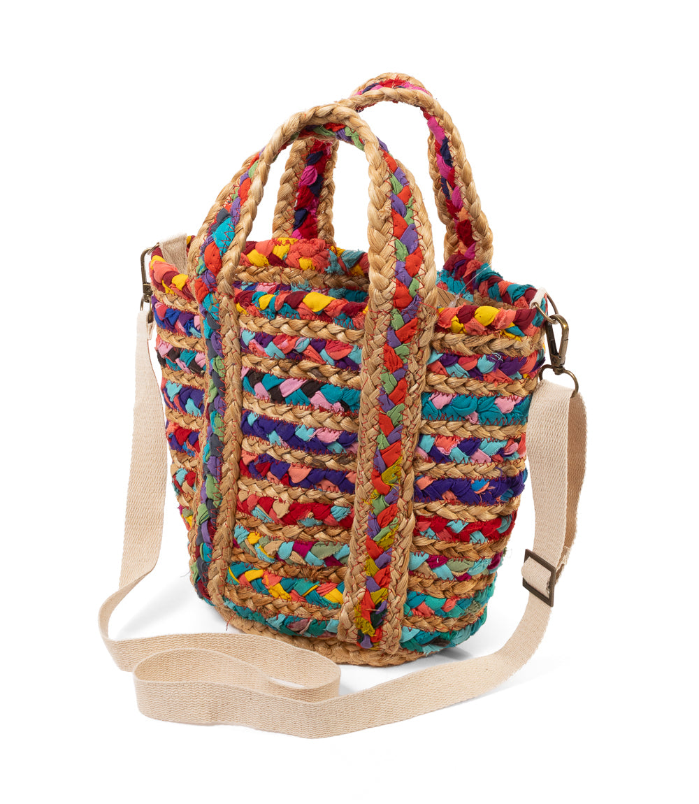 Mini Multicolor Chindi Tote with Adjustable Strap - Upcycled Fabric